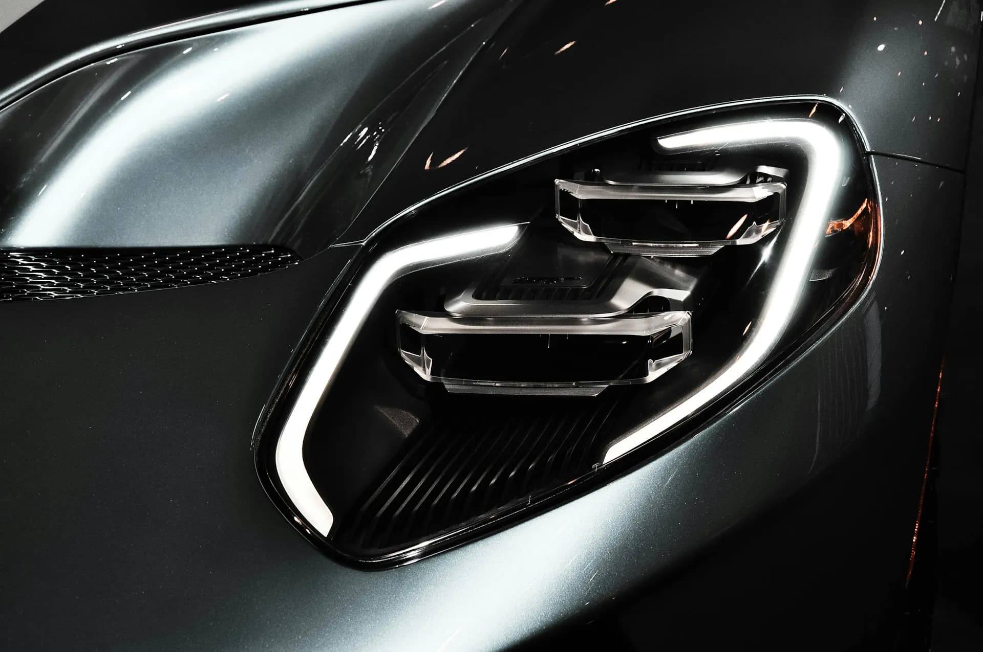 Sports car headlight close-up detail